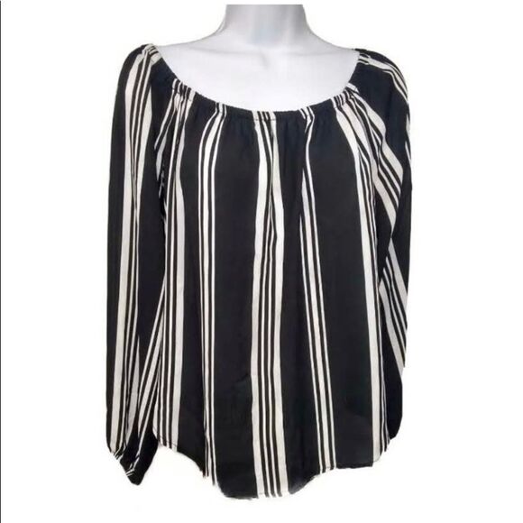 Bleuh Ciel black and white striped blouse. Wear off or on shoulders - Picture 1 of 7